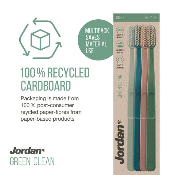 JORDAN GREEN CLEAN – Nachhaltige Eco Zahnbürste aus recycelten Materialien | Umweltfreundlich | Skandinavisches Design | Alternative zu Bambus oder Holz Zahnbürste | Mischfarbe | Soft | 4er Pack