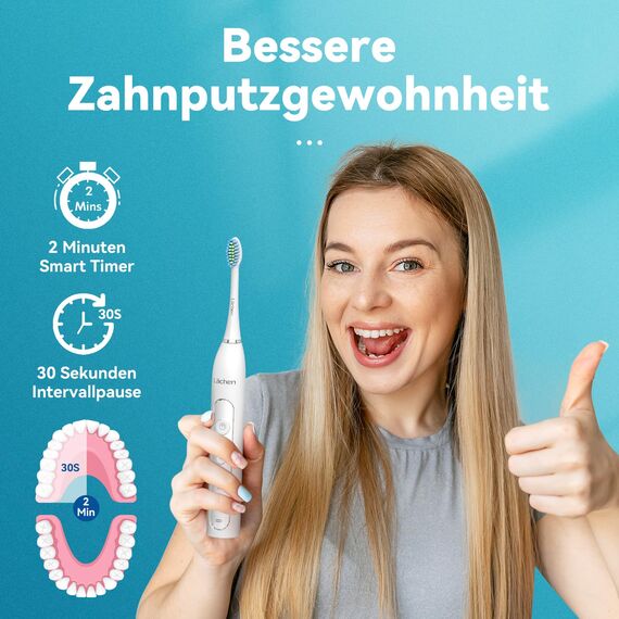 Lächen Sonic elektrische Zahnbürste Schallzahnbürste - RM-T8B， mit 4 Aufsteckbürsten und Timer, 3 Modi & 3 Vibrationsstärken mit Reisetasche A-weiß