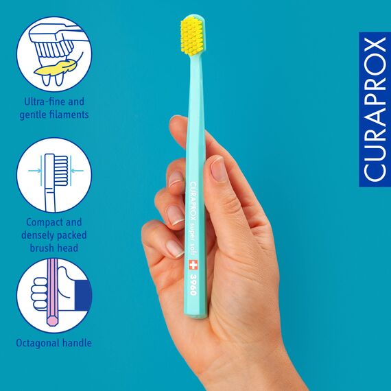 Curaprox CS 3960 Superweiche Zahnbürste - Zahn- und Zahnfleischpflege für Erwachsene/Superweiche Borsten für sanfte und Reinigung/Türkis-Gelb, Einzelpackung/Hergestellt in der Schweiz