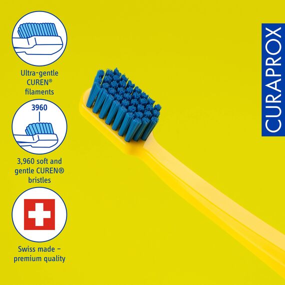 Curaprox CS 3960 Superweiche Zahnbürste - Zahn- und Zahnfleischpflege für Erwachsene/Superweiche Curen®-Borsten für sanfte Reinigung/Gelb-Blau, Einzelpackung/Hergestellt in der Schweiz