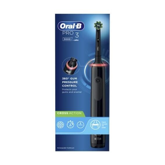 Oral-B Pro 3 Elektrische Zahnbürsten für Erwachsene, 1 Cross-Action-Zahnbürstenkopf, 3 Modi mit Zahnaufhellung, 2-poliger UK-Stecker, 3000, Schwarz