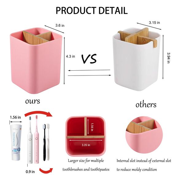 Bambus-Zahnbürstenhalter für Badezimmer, 3 Schlitze, Zahnbürsten- und Zahnpasta-Halter, Badezimmer-Theken-Organizer für elektrische Zahnbürsten, Zahnseide, Rasierer – Rosa