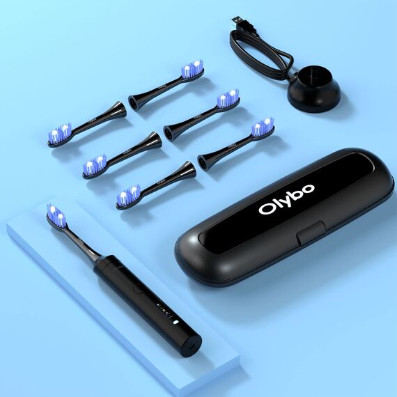 Olybo Elektrische Zahnbürste, Olybo Schallzahnbürste, 5 Reinigungsprogramme mit Reiseetui, 6 Zahnbürstenköpfe, wiederaufladbar, IPX7 wasserdicht, Schwarz 1