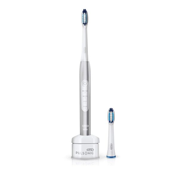 Oral-B Pulsonic Slim Luxe 4100 Elektrische Schallzahnbürste, mit Timer und zwei Aufsteckbürsten, platin