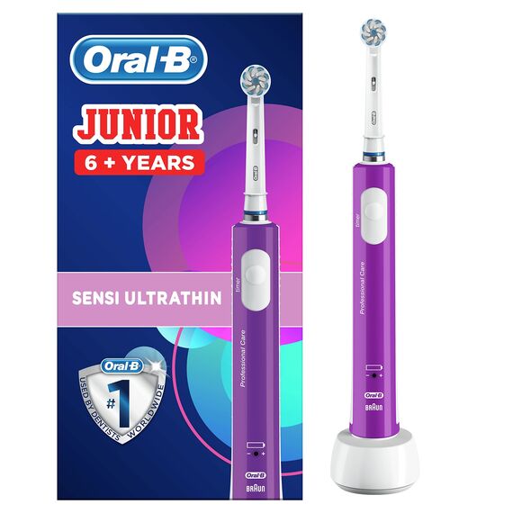Oral-B Elektrische Kinderzahnbürste, 1 Zahnbürstenkopf, mit kinderfreundlichem Empfindlichkeitsmodus, für Kinder ab 6 Jahren, 2-poliger Stecker, lila