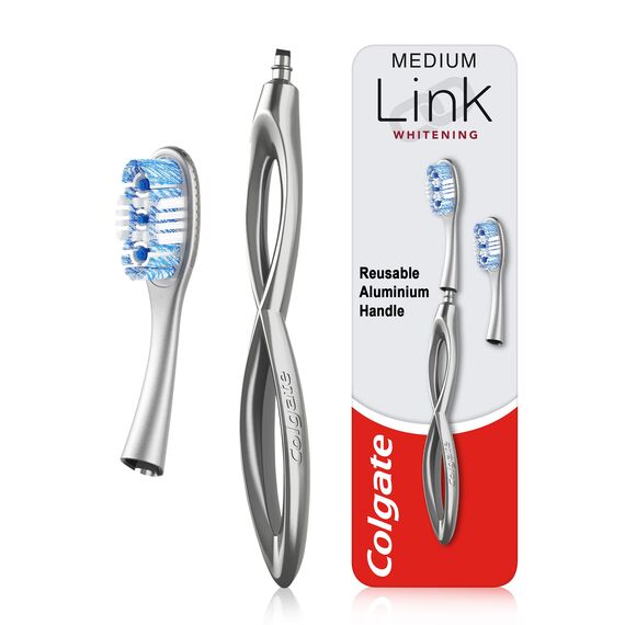 Colgate Link Handzahnbürste Whitening Starter Kit inkl. 1 Premium Aluminium Griff & 2 Whitening Ersatzbürstenköpfe Medium, Silber, Fleckenentfernungs-Technologie, 80% weniger Kunststoff
