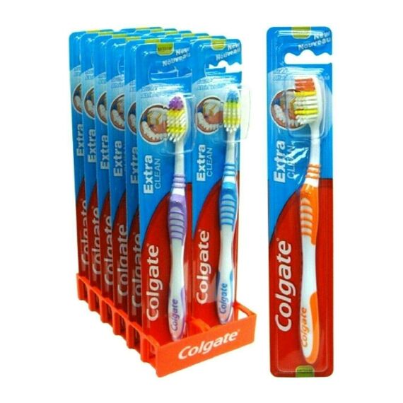 Colgate Extra Clean mittelgroße Zahnbürste, 12 Stück, Mehrfarbig, Silikongriff, U-förmige Borsten, für Erwachsene