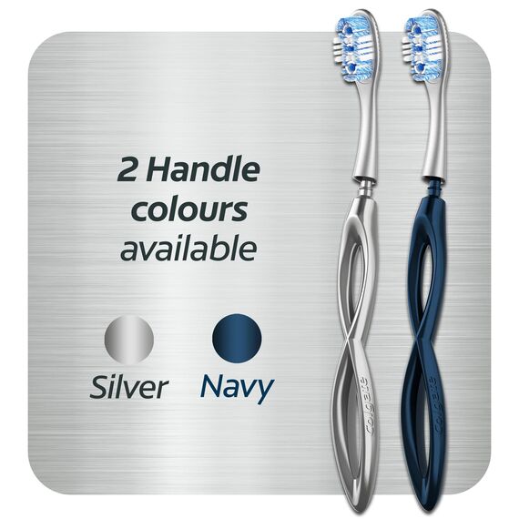 Colgate Link Handzahnbürste Whitening Starter Kit inkl. 1 Premium Aluminium Griff & 2 Whitening Ersatzbürstenköpfe Medium, Silber, Fleckenentfernungs-Technologie, 80% weniger Kunststoff