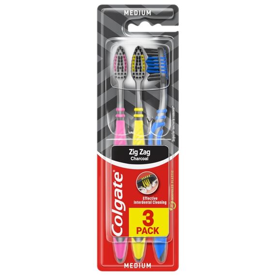 Colgate ZigZag Zahnbürste, mittelgroß, Schwarz, 3 Stück (1er Pack)