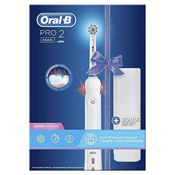 Braun Oral-B Pro 2 – 2500 – Elektrische Zahnbürste, wiederaufladbar, 1 Griff mit sichtbarem Drucksensor, 1 Bürste, 1 Reisetasche