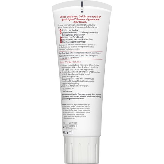 lavera Zahncreme Kids FLUORIDFREI - ohne Farbstoffe - schützt Milchzähne - mild-fruchtig - Bio Calendula & Calcium - Vegan - 75 ml