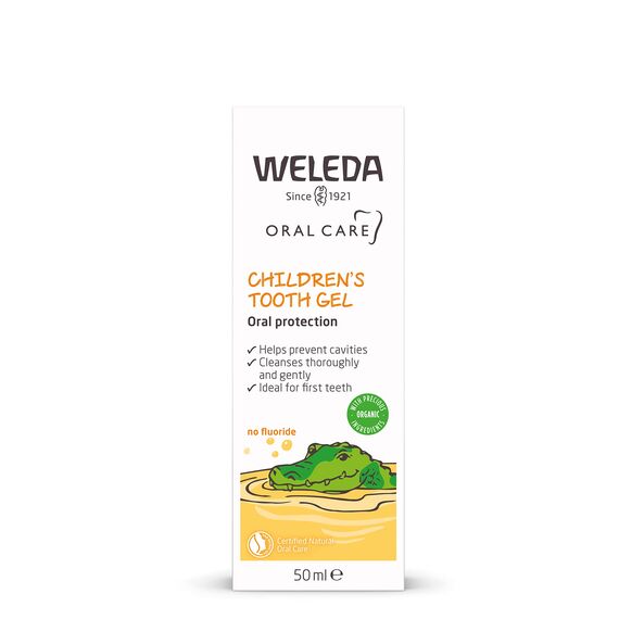 WELEDA Bio Kinder Zahngel – vegane Naturkosmetik Zahnpasta ohne Fluoride zur Zahnpflege von Milchzähnen & Zahnfleisch von Kleinkindern & Babys. Fluoridfreie Zahnreme zum Schutz vor Karies (1x 50ml)