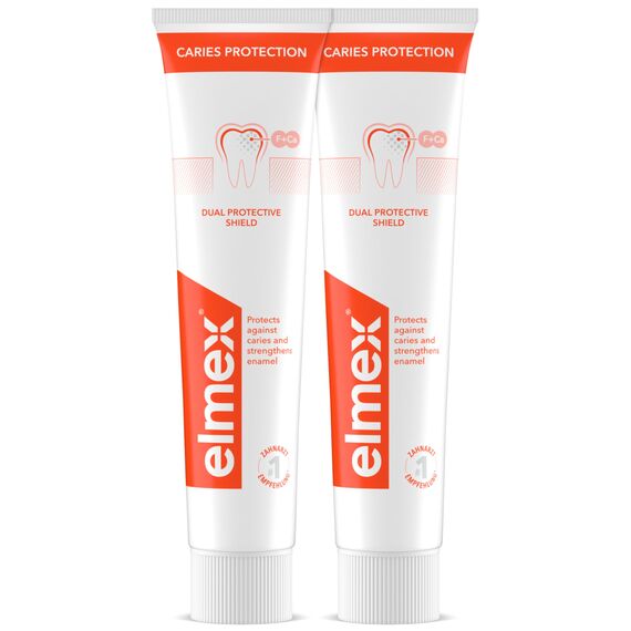 elmex Zahnpasta Kariesschutz 2x75ml – medizinische Zahnreinigung für hochwirksamen Kariesschutz – bietet zweifach aktives Kalzium-Fluorid Schutzschild für widerstandsfähige Zähne