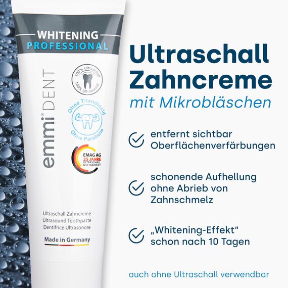emmi-dent Ultraschall Zahncreme „Whitening“ I Schonende Whitening Zahnpasta I Ideal für empfindliche Zähne und Zahnfleisch I Vegan I Ohne Titandioxid, ohne Parabene & glutenfrei I 3x 75 ml