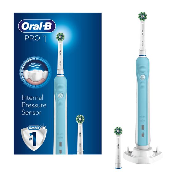 Oral-B Pro 1 elektrische Zahnbürste mit Drucksensor, 1 Griff, 1 Zahnbürstenkopf, 1 Modus mit 3D-Reinigung, 2-poliger UK-Stecker, 670, blau, 1 Stück (Packung mit 1) (Verpackung kann variieren)