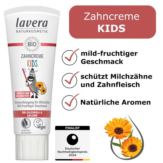 lavera Zahncreme Kids FLUORIDFREI - ohne Farbstoffe - schützt Milchzähne - mild-fruchtig - Bio Calendula & Calcium - Vegan - 75 ml (Packung mit 2)
