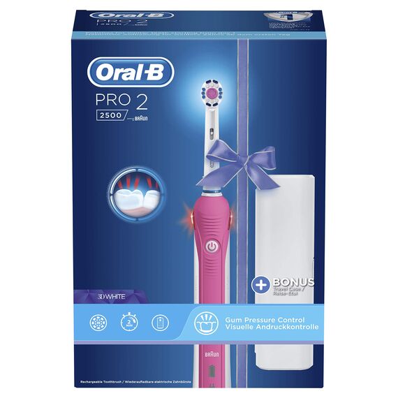 Braun Oral-B Pro 2 – 2500 – Elektrische Zahnbürste, wiederaufladbar, 1 Griff mit sichtbarem Drucksensor, 1 Bürste, 1 Reisetasche, Autre