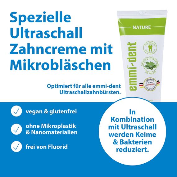 emmi-dent Ultraschall Zahncreme „Nature“ I Ideal für empfindliche Zähne und Zahnfleisch I Frei von Mikroplastik & Nanomaterialien I Vegan & glutenfrei I 3x 75 ml