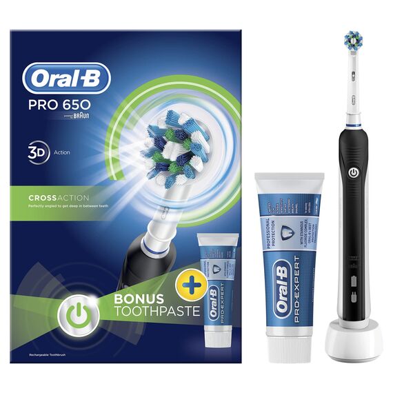 Braun Oral-B Pro 650 CrossAction Elektrische Zahnbürste und Etui, Verpackung kann variieren, Schwarz