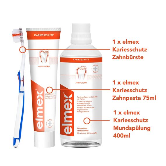 elmex Kariesschutz Set mit Zahnpasta, Mundspülung und Zahnbürste