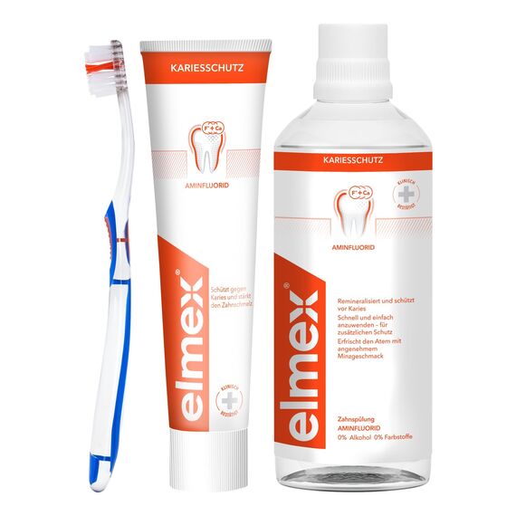 elmex Kariesschutz Set mit Zahnpasta, Mundspülung und Zahnbürste