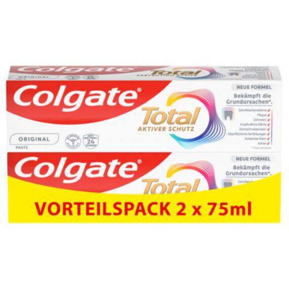 Colgate Zahnpasta Total Original 2x75ml – Zahnreinigung für einen gesunden Mund und 12 Stunden proaktiven Zahnschutz* – reinigt Zähne, Zahnfleisch, Wangen und Zunge