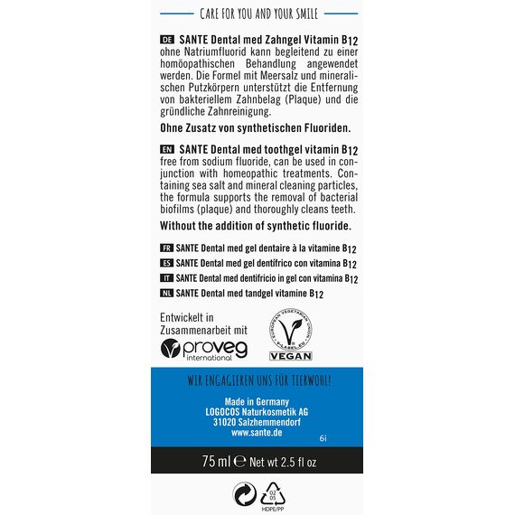 SANTE Naturkosmetik Dental med Zahngel Vitamin B12 ohne Natriumfluorid, Schützt Zähne & Zahnfleisch, Vegan, Bio-Extrakte, 75ml