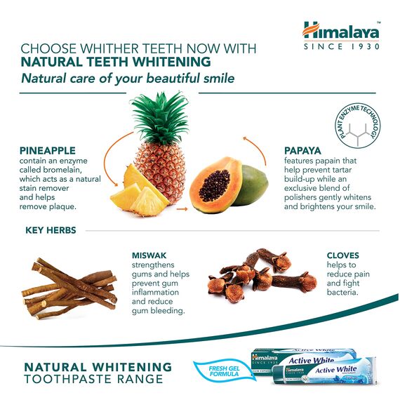 Himalaya Active white Gel | Herbal toothpaste with fruit enzymes |Teeth whitening, 100% vegetarian -75 ml (Packung mit 3)