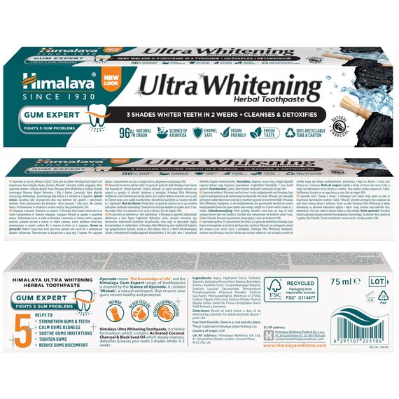 Himalaya Ultra Whitening Zahnpasta - Kräuterformel mit Aktiviertem Kokosnusskohle & Schwarzkümmelöl, Fluoridfrei, 100% Vegan, Reinigt Tief, Macht Zähne 3 Nuancen Weißer, 75ml