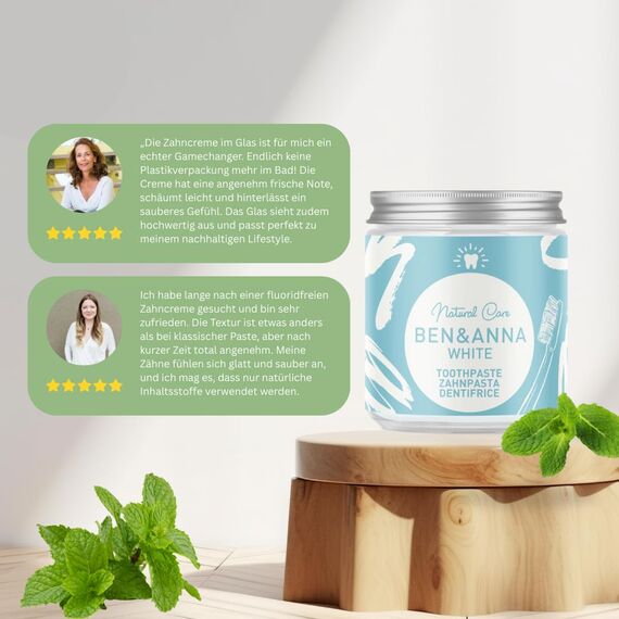 BEN & ANNA WHITE - Fluoridfreie natürliche Zahnpasta im Glas - Aktivkohle Whitening, Vegan, Natürlicher Minz Geschmack - Zahnpasta in der Dose, Weiße Zähne - 1er Pack