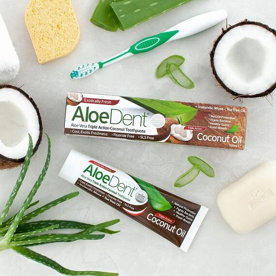 AloeDent Coconut Oil Toothpaste Fluoride Free, Natural Action, Vegan, Cruelty Free, SLS Free, Triple Action, Healthy Gums, 100ml (Packung mit 2)