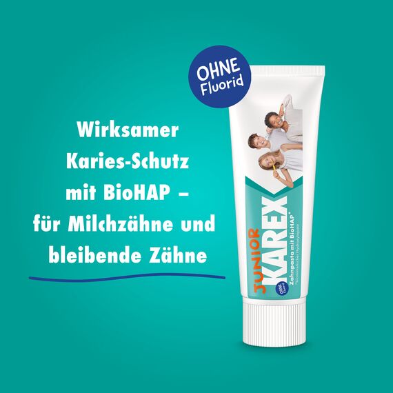 Karex Junior KAREX Zahnpasta - 2 x 65 ml Kariesschutz für Kinder ab 6 Jahren mit BioHAP für die speziellen Bedürfnisse des Wechselgebisses von Kindern repariert kleine Defekte am Zahnschmelz