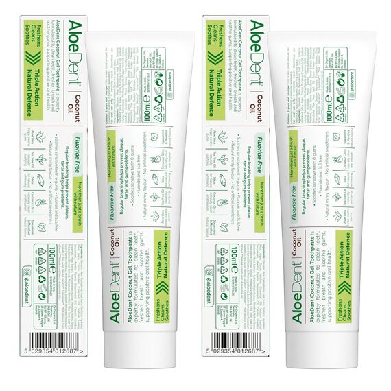 AloeDent Coconut Oil Toothpaste Fluoride Free, Natural Action, Vegan, Cruelty Free, SLS Free, Triple Action, Healthy Gums, 100ml (Packung mit 2)