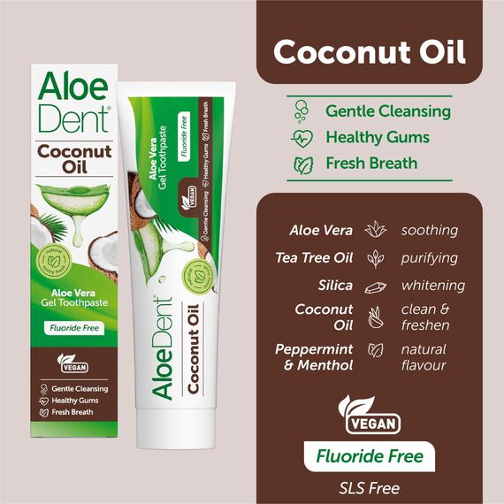 AloeDent Coconut Oil Toothpaste Fluoride Free, Natural Action, Vegan, Cruelty Free, SLS Free, Triple Action, Healthy Gums, 100ml (Packung mit 2)