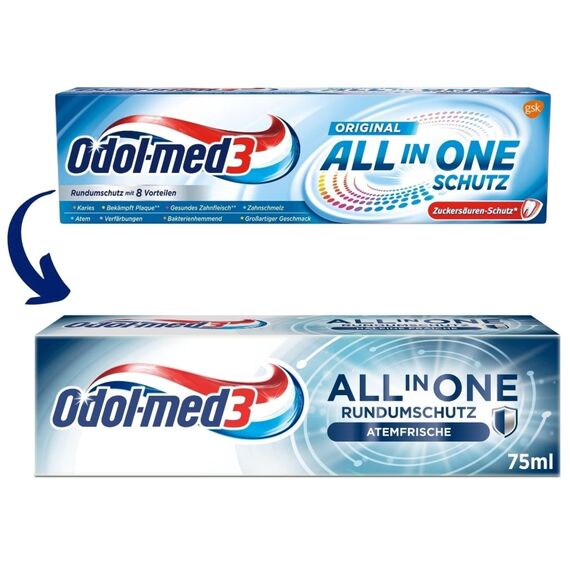 Odol-med3 All in One Rundumschutz Atemfrische Zahnpasta, 75ml - für ein reines und extra frisches Mundgefühl.