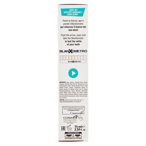 Blanx, Zahnpasta für empfindliche Zähne, Mundhygiene auf Basis von arktischen Flechten, Hydroxyapatit, Kaliumchlorid und Xylitol, 75 ml