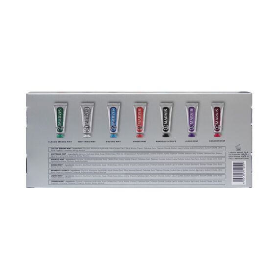 Marvis Zahnpasta Flavour Collection Set, 25 ml (7er Pack), Zahnpasta Reisegröße Set mit 7 aromatischen Zahncremes für langanhaltende Frische, Zahnpasta mit Geschmack