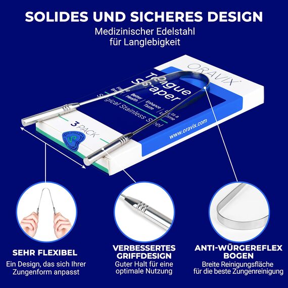 Zungenschaber Edelstahl | Dreier-Pack | Zungenreiniger | Für einen frischen Atem und eine bessere Mundgesundheit | Zungenreiniger Edelstahl | Zungenreiniger für Kinder und Erwachsene | ORAVIX
