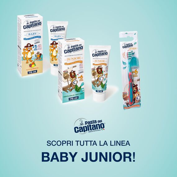 Pasta del Capitano, Süße Minze Baby Zahnpasta, Sanfte Zahnpasta mit süßem Minzgeschmack, Schützt vor Plaque und Karies, Geeignet für Kinder ab 6 Jahren, 75 ml Tube, Made in Italy