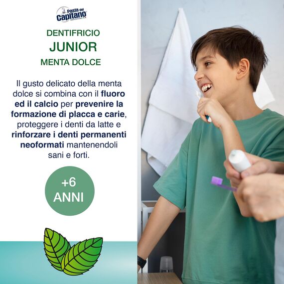 Pasta del Capitano, Süße Minze Baby Zahnpasta, Sanfte Zahnpasta mit süßem Minzgeschmack, Schützt vor Plaque und Karies, Geeignet für Kinder ab 6 Jahren, 75 ml Tube, Made in Italy