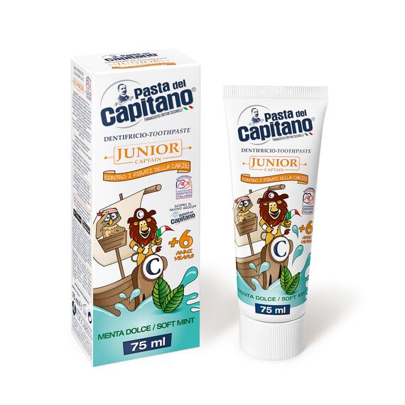 Pasta del Capitano, Süße Minze Baby Zahnpasta, Sanfte Zahnpasta mit süßem Minzgeschmack, Schützt vor Plaque und Karies, Geeignet für Kinder ab 6 Jahren, 75 ml Tube, Made in Italy