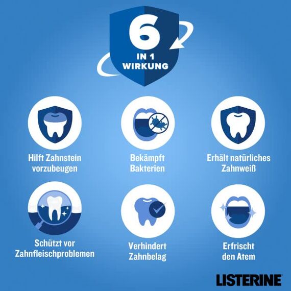 LISTERINE Total Care Zahnstein-Schutz (500 ml), schützende Mundspülung gegen Zahnstein mit 6 in 1 Wirkung, antibakterielles Mundwasser schützt vor Zahnfleischproblemen, bis zu 24h frischer Atem