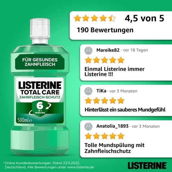 LISTERINE Total Care Zahnfleisch-Schutz (500 ml), schützende Mundspülung gegen Zahnfleischprobleme mit 6 in 1 Wirkung, antibakterielles Mundwasser stärkt die Zähne, bis zu 24h frischer Atem