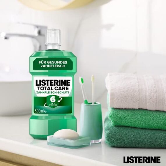 LISTERINE Total Care Zahnfleisch-Schutz (500 ml), schützende Mundspülung gegen Zahnfleischprobleme mit 6 in 1 Wirkung, antibakterielles Mundwasser stärkt die Zähne, bis zu 24h frischer Atem