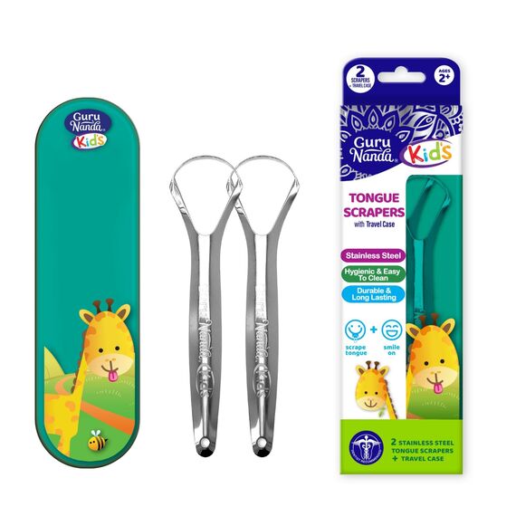 GuruNanda Zungenschaber für Kinder, mit Reiseetui, medizinischer Qualität, 100 % Edelstahl für saubere Zunge und frischen Atem, reisefreundlicher Zungenreiniger für komplette Mundpflege