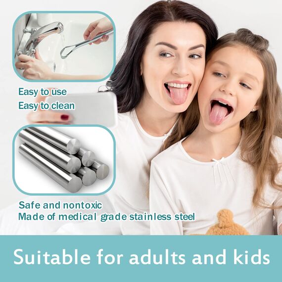 Zungenreiniger (4 Stück) – Zungenschaber Edelstahl mit Mini-Haken, Zungenreiniger Metall gegen Mundgeruch, Zungenbürste für Erwachsene und Kinder