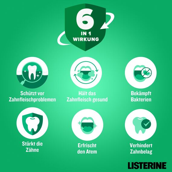 LISTERINE Total Care Zahnfleisch-Schutz 6 x 500 ml, schützende Mundspülung gegen Zahnfleischprobleme mit 6 in 1 Wirkung, antibakterielles Mundwasser stärkt die Zähne, bis zu 24h frischer Atem