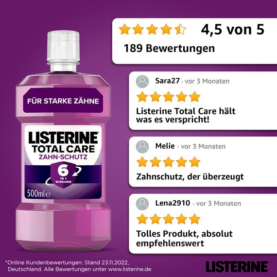 LISTERINE Total Care Zahn-Schutz 6 x 500 ml, schützende Mundspülung gegen Karies mit 6 in 1 Wirkung, antibakterielles Mundwasser schützt vor Zahnfleischproblemen, bis zu 24h frischer Atem