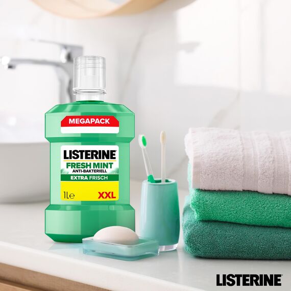 LISTERINE Fresh Mint 1000 ml, antibakterielle Mundspülung mit ätherischen Ölen für einen frischen Atem, Mundwasser reduziert wirksam Zahnbelag und Mundgeruch