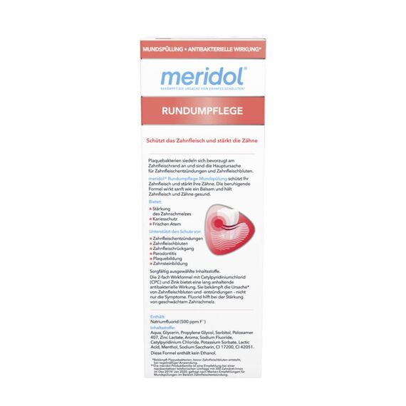 meridol Mundspülung Rundumpflege 400ml - antibakterieller Effekt, schützt Zahnfleisch, stärkt die Zähne und erfrischt den Atem, ohne Alkohol (Packung mit 2)